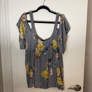 Torrid Gray cold shoulder Blouse with Yellow and Brown Floral Pattern